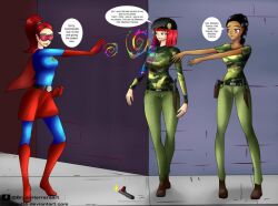 attentte black_hair braid comic dark_skin female_only femdom femsub mantra military_uniform multiple_girls multiple_subs ponytail red_hair resisting short_hair spiral spiral_eyes super_hero text visor