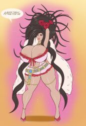 anklet bimboannon bimbofication black_hair breast_expansion breasts choker cleavage debora_(dragon_quest_v) dialogue dragon_quest_(series) dragon_quest_v female_only femsub happy_trance huge_breasts jewelry large_lips lipstick long_hair mole navel necklace red_lipstick roses solo text