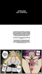  anus blonde_hair breasts brown_eyes clothed dialogue emadart english_text femsub huge_breasts hypnotic_app instant_loss lipstick maledom milf nail_polish naruto_(series) nipples nude phone purple_lipstick pussy short_hair sweat tears text tsunade 