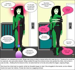 before_and_after bimbofication black_hair breast_expansion dialogue empty_eyes femsub green_skin happy_trance kim_possible_(series) large_breasts nabs001 raygun shego text