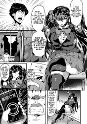 bottomless breasts comic femsub gokusaishiki_no_nise_ai greyscale groping hard_translated heart heart_eyes kasuga_mayu large_breasts maledom masturbation monochrome nude pussy_juice symbol_in_eyes tech_control text thighhighs tongue tongue_out topless translated twintails