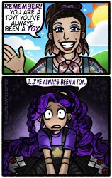  amnesia chloelimagine comic dialogue doll dollification femsub identity_swap kneeling lily_lovebraids long_hair poppy_playtime purple_hair tech_control text 