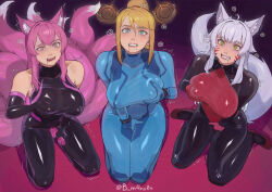 arya_(snowylight) blonde_hair bodysuit breast_grab breasts clothed drool erection femsub futanari futasub gloves green_eyes kneeling knees_together large_breasts latex long_hair m4ns0n masturbation metroid_(series) multiple_girls multiple_subs nintendo open_mouth opera_gloves original pendulum penis pink_eyes pink_hair ponytail resisting samus_aran signature simple_background snow_(snowylight) spiral sweat tagme trembling white_hair yellow_eyes zero_suit