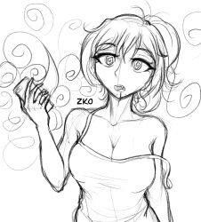 bare_shoulders breasts cell_phone crystal_(zko) dazed drool expressionless femsub greyscale hypnotic_app hypnotic_screen large_breasts monochrome open_mouth original ponytail short_hair sketch spiral spiral_eyes symbol_in_eyes text zko