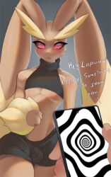  bare_legs before_and_after black_sclera blush bulge bunny_boy bunny_ears cell_phone collarbone crop_top femboy furry hypnotic_screen looking_at_viewer lopunny male_only male_pov maledom malesub nintendo open_mouth phone pokemon pokemon_(creature) pov pov_dom red_eyes shorts simple_background standing tank_top text white-stripes 