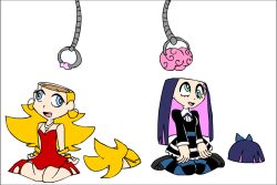 blonde_hair bow brain brain_removal breasts dress droidmaster3000 drool earrings femsub kneeling lobotomy long_hair panty panty_and_stocking_with_garterbelt purple_hair stocking