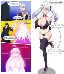  absurdres ahoge before_and_after blue_eyes breast_expansion breasts cloak collar comic dialogue elaina femsub glowing_eyes hair_covering_both_eyes happy_trance high_heels large_breasts long_hair magic magic_wand maledom open_mouth pink_eyes soex tagme text thighhighs transformation twintails wandering_witch white_hair 