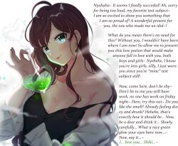 blue_eyes breasts brown_hair caption cleavage femdom hypnotic_drink idolmaster_cinderella_girls large_breasts long_hair looking_at_viewer love love_potion manip pov pov_sub refon_(manipper) shiki_ichinose smile text the_idolm@ster tomato_omurice_melon tongue tongue_out