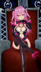  3d alternate_costume blush chair cleavage crossed_legs crotch_tattoo female_only femdom gloves hair_ornament high_heels koikatsu! leotard long_hair moawi1 pink_eyes pink_hair shoes sitting smile tattoo thighhighs twintails 
