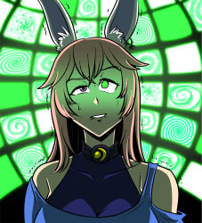 bare_shoulders bunny_ears bunny_girl clothed collar collarbone earrings female_only femsub glowing_eyes green_eyes heterochromia hypnotic_screen large_breasts lip_biting long_hair majinsfw original purple_eyes resisting ring_eyes solo spiral sweat trembling