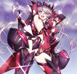  ahoge armpits blush breasts clothed corruption crossbow crotch_tattoo erect_nipples female_only femsub gloves hair_ornament happy_trance heart heart_eyes large_breasts leotard long_hair looking_at_viewer magical_girl navel niko_(tama) open_mouth opera_gloves red_eyes senki_zesshou_symphogear silver_hair smile solo tattoo thighhighs thighs tongue twintails v weapon yukine_chris 