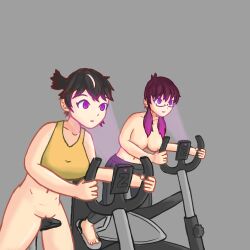black_hair bottomless breasts cleavage drool empty_eyes everes_(zires) exercise expressionless feet female_only femsub gemna_(mezz+pokemongirl) glasses glowing glowing_eyes leggings long_hair open_mouth original purple_hair short_hair topless zi-tech_(zires) zires