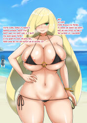  absurdres altered_perception beach bikini blonde_hair blush breasts empty_eyes female_only femsub green_eyes hard_translated huge_breasts jewelry lana_(pokemon) looking_at_viewer lusamine micro_bikini midriff milf nintendo nipples open_mouth outdoors pokemon pokemon_sun_and_moon pokemon_trainer pussy_juice smile swimsuit text thick_thighs thighs translated very_long_hair yamaori 