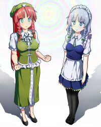 absurdres blush braid breasts etlabsotwe female_only femsub hat hong_meiling large_breasts long_hair maid maid_headdress open_mouth red_hair sakuya_izayoi silver_hair spiral standing standing_at_attention thighhighs touhou twintails