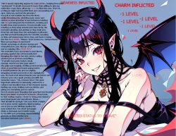  acoac2234_(manipper) ai_art asphyxiation bed caption caption_only cleavage demon_girl earrings femdom fingerless_gloves gameplay_mechanics gloves horns looking_at_viewer lying manip original pov pov_sub red_eyes smile stable_diffusion_(ai) succubus text wings 