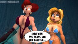3d animal_ears bandicoot_girl bikini blonde_hair crash_bandicoot_(series) disney dog_girl dontayinfernosfm earrings empty_eyes furry isabella_(crash_team_racing) large_breasts mind_hack mole multiple_girls multiple_subs open_mouth peg_pete red_hair speech_bubble tech_control thick_thighs watermark wide_hips