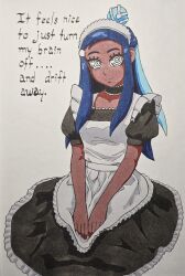 alternate_costume blue_hair collarbone color consensual dark_skin english_text female_only happy_trance jesturia looking_at_viewer maid maid_headdress multicolored_hair nessa_(pokemon) nintendo pokemon pokemon_sword_and_shield simple_background sitting smile solo spiral_eyes spiralwash_eyes text traditional white_background
