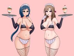  bikini blue_hair breasts brown_hair do_you_love_your_mom_and_her_two_hit_multitarget_attacks empty_eyes female_only femsub fishnets gloves gundam_(series) gundam_build_fighters happy_trance large_breasts long_hair looking_at_viewer maid mamako_osuki milf navel ponytail rinko_iori short_hair skirt the_only_shoe tongue tray 