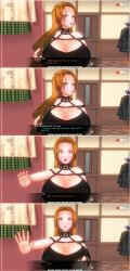 3d absurdres bottomless breasts brown_hair comic custom_maid_3d_2 dialogue eyeshadow female_only femsub hard_translated huge_breasts kamen_writer_mc lipstick makeup nipple_piercing nipples nude purple_lipstick rika_(made_to_order) text topless