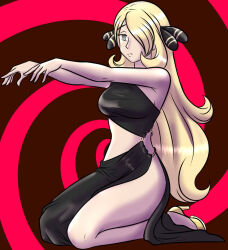 blonde_hair clothed cynthia empty_eyes expressionless female_only femsub grey_eyes hair_covering_one_eye hair_ornament high_heels katsiika kneeling midriff nintendo pokemon spiral_background very_long_hair zombie_walk