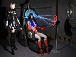  3d before_and_after black_hair blonde_hair boots brain_injection chair cleavage collar corruption crown dress electricity female_only femdom femsub gloves high_heels leggings leotard long_hair miss_britain mollyfootman monitor opera_gloves original pantyhose restrained rubber short_hair spiral_eyes standing super_hero tech_control thigh_boots thighhighs 