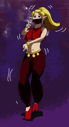 absurdres alternate_costume alternate_hairstyle bare_shoulders blonde_hair clothed dancer dancing earrings echoes_of_wisdom elf_ears empty_eyes expressionless female_only femsub jewelry midriff mugenbine navel nintendo pants ponytail princess_zelda shoes solo the_legend_of_zelda veil very_long_hair