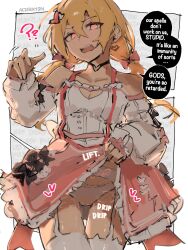 alterkyon angry bare_shoulders blonde_hair bottomless breasts choker denial earrings empty_eyes glowing_eyes heart magic magical_girl midriff navel original panties pink_eyes pussy pussy_juice skirt skirt_lift thighhighs topless unaware undressing verbal_abuse