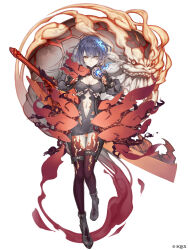  absurdres alice_(sinoalice) alternate_costume aura blue_hair body_markings breasts cleavage clothed corruption eye_color_change femsub floating ji_no looking_at_viewer midriff navel official possession proud_lion red_eyes short_hair sinoalice square_enix weapon 