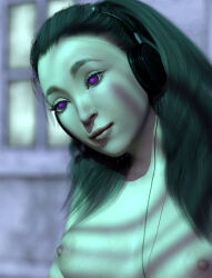 3d black_hair blush bottomless breasts cosmogreen dazed empty_eyes female_only femsub glowing glowing_eyes happy_trance headphones hypnotic_audio hypnotic_music long_hair nude original smile solo subliminal symbol_in_eyes tech_control topless