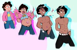  abs black_hair blue_background bow_tie bulge cyanoray erection jeans male_only malesub nipple_piercing open_mouth penis piercing simple_background steven_(steven_universe) steven_universe stripper transformation 