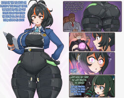  ass ass_focus black_hair business_suit clipboard drevod earrings gloves glowing glowing_eyes hand_on_hip huge_ass nicole_demara pink_eyes pink_hair police_uniform policewoman ponytail qingyi_(zenless_zone_zero) smile spiral tagme tech_control thick_thighs thighs zenless_zone_zero zhu_yuan 