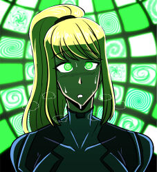 blonde_hair blush bodysuit breath clothed collarbone expressionless eyebrows_visible_through_hair female_only femsub glowing glowing_eyes green_eyes hypnotic_screen long_hair majinsfw metroid_(series) nintendo ponytail ring_eyes samus_aran solo spiral sweat