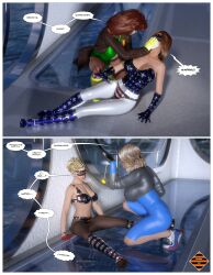 3d absurdres blonde_hair blue_bombshell bodysuit dangerguy01 duster_(dangerguy01) expressionless femsub fingerless_gloves flag_bikini high_heels lipstick long_hair multiple_girls multiple_subs orange_hair original pendulum resisting short_hair sneakers spiral tech_control visor