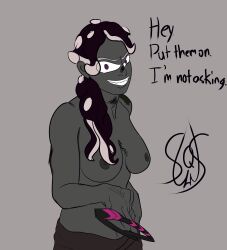  absurdres breasts dark_skin dialogue dioforce evil_smile femdom greyscale hypnoshades large_breasts long_hair looking_at_viewer muscle_girl navel nintendo nipples octoling pants pov pov_sub signature simple_background smile splatoon splatoon_2 tentacles text topless 