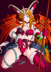 animal_ears belt chains collar collarbone corruption horns kneeling looking_at_viewer mana_(series) orange_hair panties ponytail purple_eyes riesz_(mana) saisaigarou shoes shoulder_pads simple_background smile spread_legs staff tagme thick_thighs thighhighs thighs trials_of_mana underwear very_long_hair wings