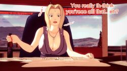 aware beer blonde_hair breasts brown_eyes clothed dialogue dogdog english_text female_only naruto_(series) necklace solo text tsunade