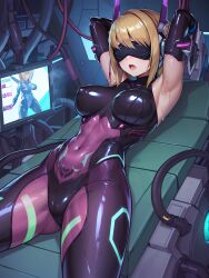  ai_art armpits arms_above_head blonde_hair bodysuit corruption crotch_tattoo female_only femsub gloves headphones koimin4_(generator) large_breasts latex monitor navel on_back open_mouth opera_gloves restrained rubber solo spread_legs sweat tattoo tech_control tight_clothing tongue tubes virtual_reality visor wires 