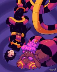  black_hair cape cassandra_cain coils dc_comics female_only femdom femsub hanging_down happy_trance naga_girl original pink_hair psyfly ring_eyes smile sugar_(psyfly) tail 