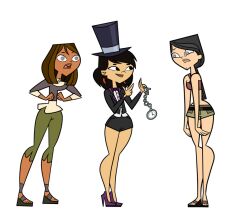  black_hair bow_tie brown_hair chicken_pose courtney_(total_drama) earrings finger_snap heather_(total_drama) high_heels magician pocket_watch racheltd short_shorts sky_(total_drama) spiral_eyes standing_at_attention sweater tank_top top_hat total_drama transparent_background 