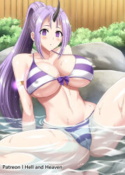  bikini_bottom bikini_top blush bracelet breasts cleavage empty_eyes expressionless femsub glowing hell_and_heaven horns huge_breasts hypnotic_accessory large_hips long_hair looking_at_viewer monster_girl oni_girl open_mouth ponytail pool purple_hair shion_(tensei_slime) spread_legs swimsuit tagme that_time_i_got_reincarnated_as_a_slime 