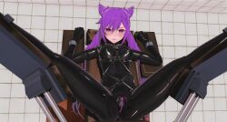 3d absurdres angry bondage chair femsub genshin_impact keqing latex looking_at_viewer purple_hair restrained tech_control