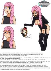 breasts clothed_exposure empty_eyes expressionless human_furniture idpet latex long_hair original pink_hair ponytail shrunken_irises text