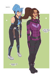 blue_hair crossover efalabrino fortnite happy_trance hope_(fortnite) hypnotic_hair kate_bishop_(hawkeye) marvel_comics open_mouth ponytail shrunken_irises slouching spiral_eyes