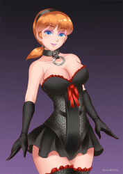 april_o&#039;neil breasts cleavage collar empty_eyes eyeshadow female_only gloves gradient_background hadant happy_trance large_breasts lipstick makeup opera_gloves orange_hair ponytail short_hair signature simple_background solo teenage_mutant_ninja_turtles thighhighs tomboy watermark