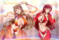 animal_ears brown_hair dancing empty_eyes erza_scarlet fairy_tail female_only femsub hadant harem_outfit large_breasts long_hair midriff multiple_girls multiple_subs navel raphtalia red_hair see-through signature the_rising_of_the_shield_hero watermark
