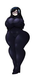  alicia_(aliciapendragon) black_hair bodysuit clothed color drone empty_eyes female_only femsub glasses groping happy_trance high_heels large_ass large_breasts latex long_hair original pink_eyes quickcast simple_background solo text tight_clothing white_background white_skin wide_hips 