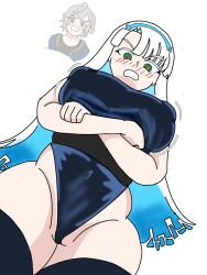  blush clothed crossed_arms fairy_(zenless_zone_zero) femsub green_eyes grey_hair leotard losangelesd-14 maledom possession short_hair simple_background thighs very_long_hair white_background white_hair wise_(zenless_zone_zero) zenless_zone_zero 