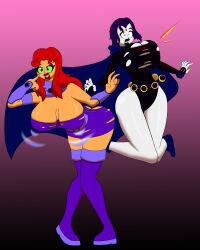  absurdres alien alien_girl bimbofication black--wave breast_expansion breasts cleavage dc_comics female_only femsub green_eyes huge_breasts knees_together large_breasts long_hair open_mouth orange_skin pale_skin purple_hair raven red_hair starfire super_hero teen_titans torn_clothes 