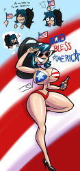 beer bikini bimbofication blue_eyes blue_hair blue_lipstick choker corruption dollification femsub flag_bikini fourth_of_july high_heels iris_(spidersvice) large_breasts large_hips original pixar spidersvice sunglasses sunny_miami text tongue_out