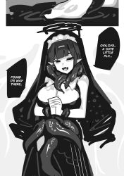  breasts corruption dress elf_ears english_text fangs goddess greyscale halo hololive hololive_english kronii_ouro large_breasts long_hair monochrome old_metal_666 possession simple_background smile speech_bubble tentacles text veil virtual_youtuber 